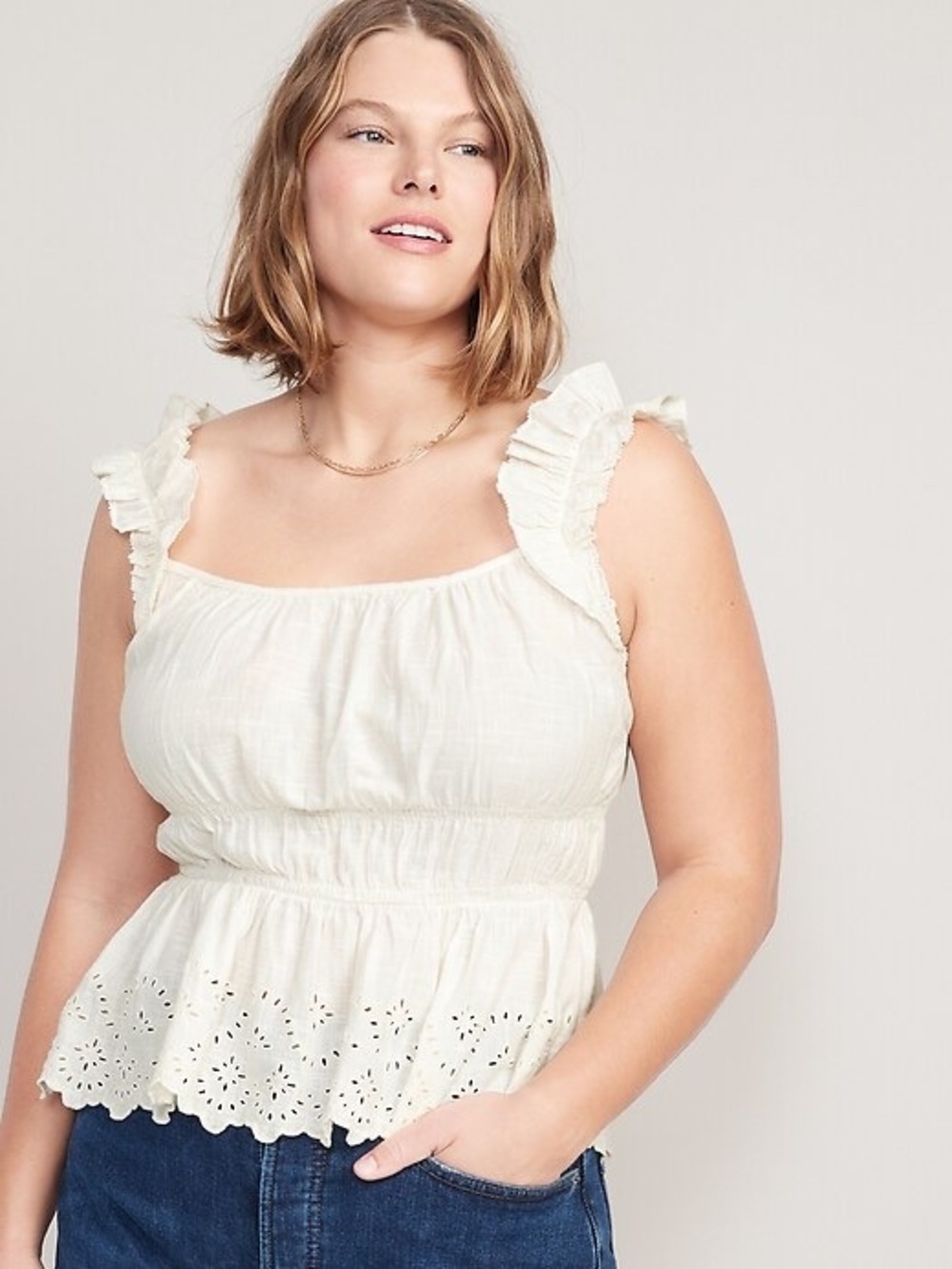 Old Navy sleeveless waist-define Ruffled-trim embroidered babydoll top sz M